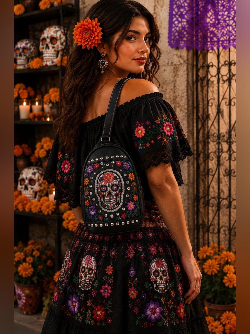 Black Embroidered Sugar Skull Mini Vegan Backpack Sling Bag Colorful